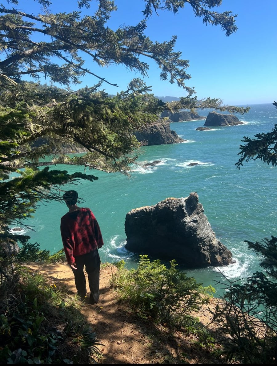 The original photo: someone standing on a rocky coast looking out at the water