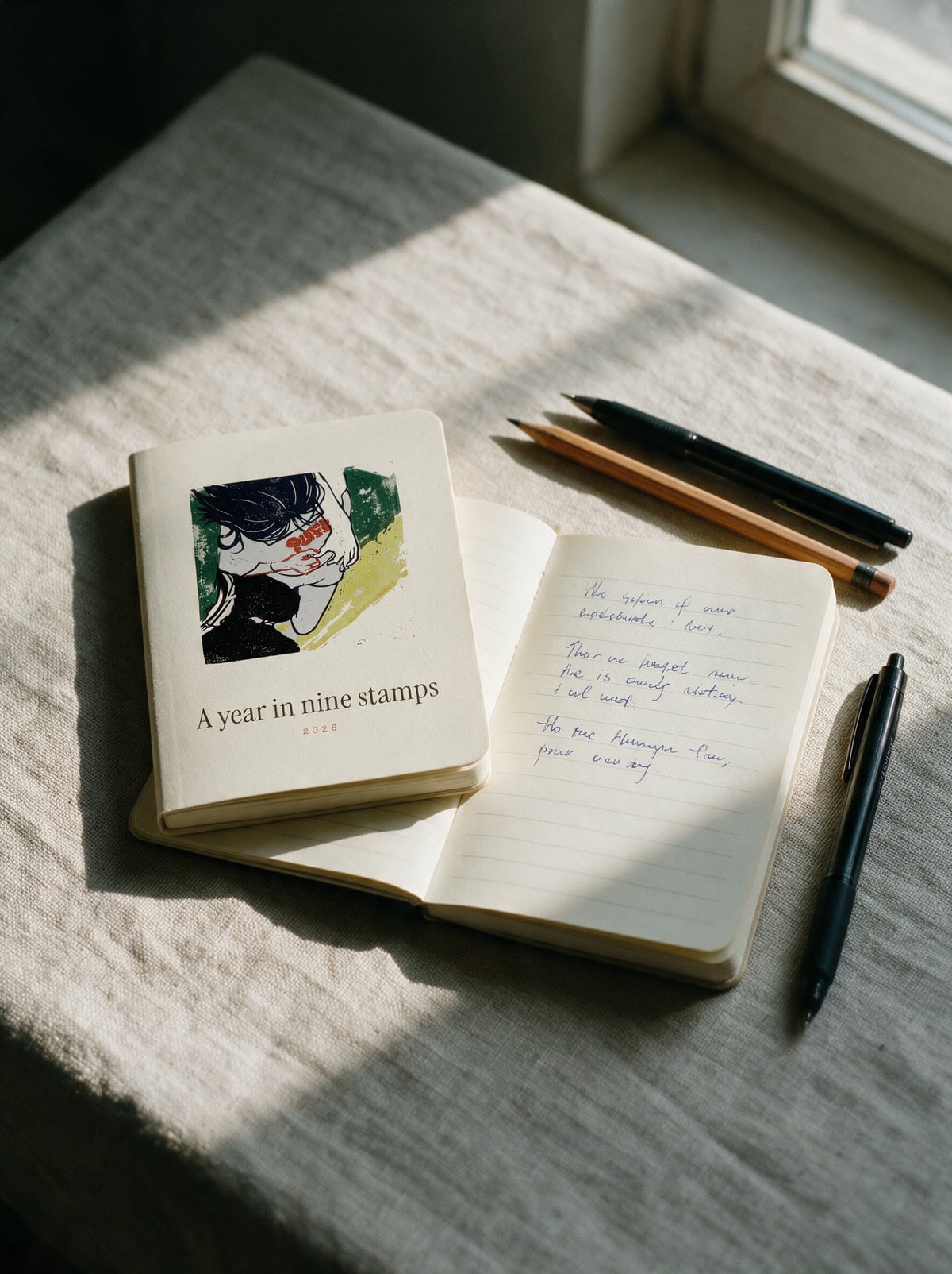 Two matching cream journals side by side, one open with handwriting