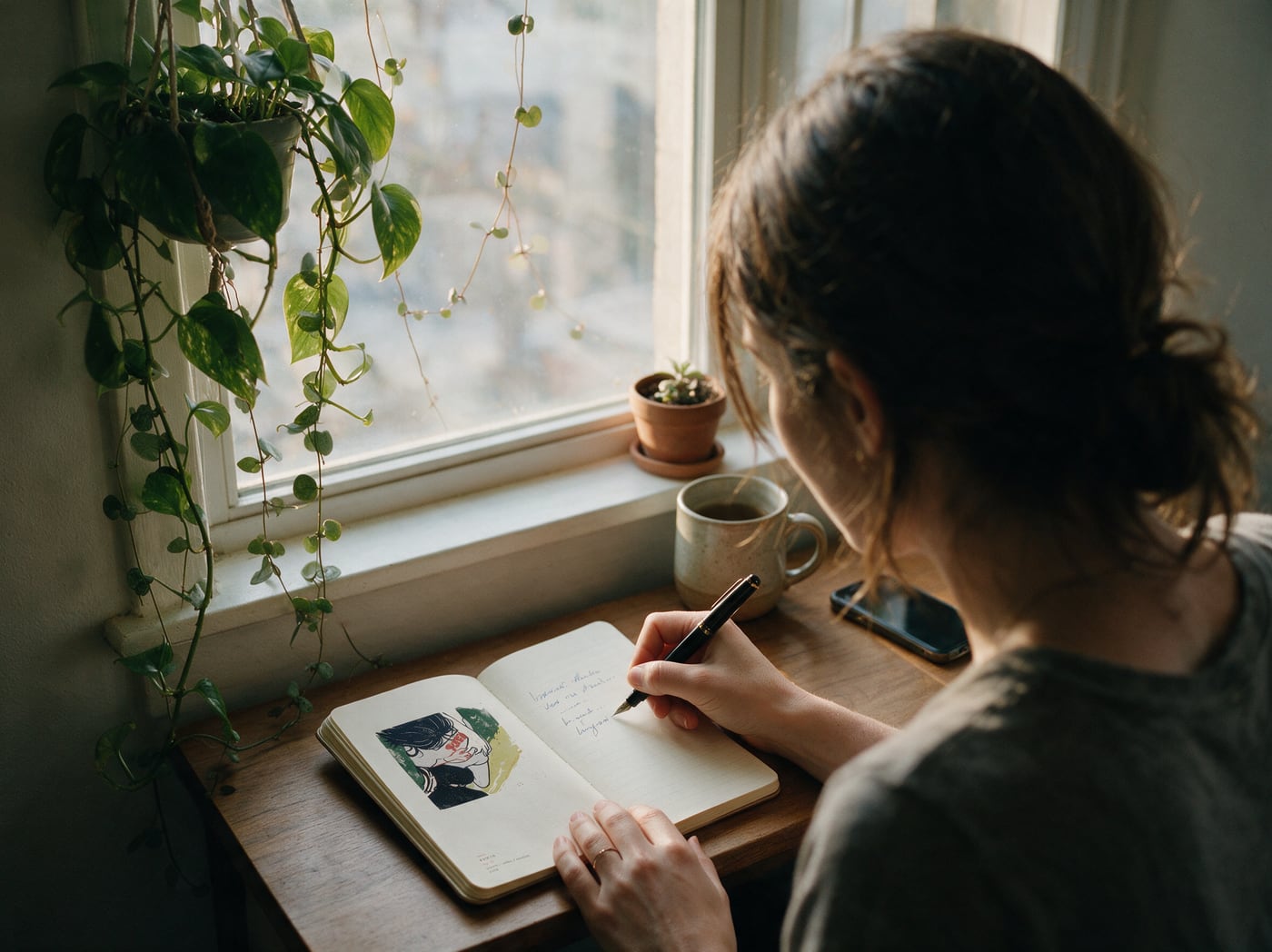 Someone writing in the open Pocket journal at a wooden desk under a window with hanging plants