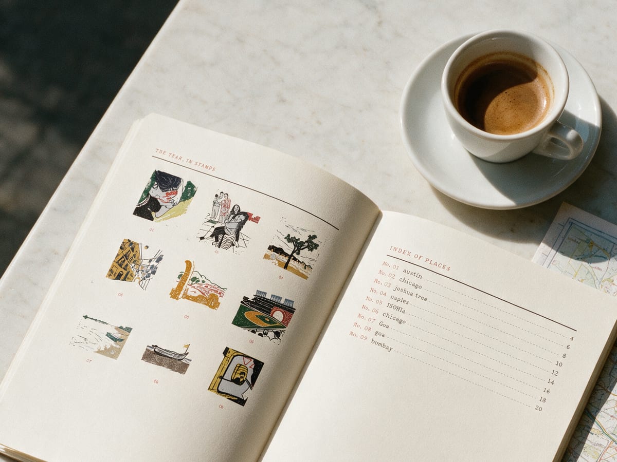 The Premium journal open on a cafe table to its map page of stamps and index of places